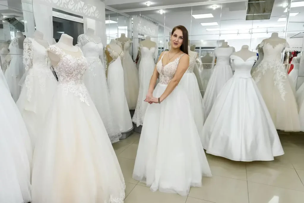 joven emocionada midiéndose vestidos de novia en taller.